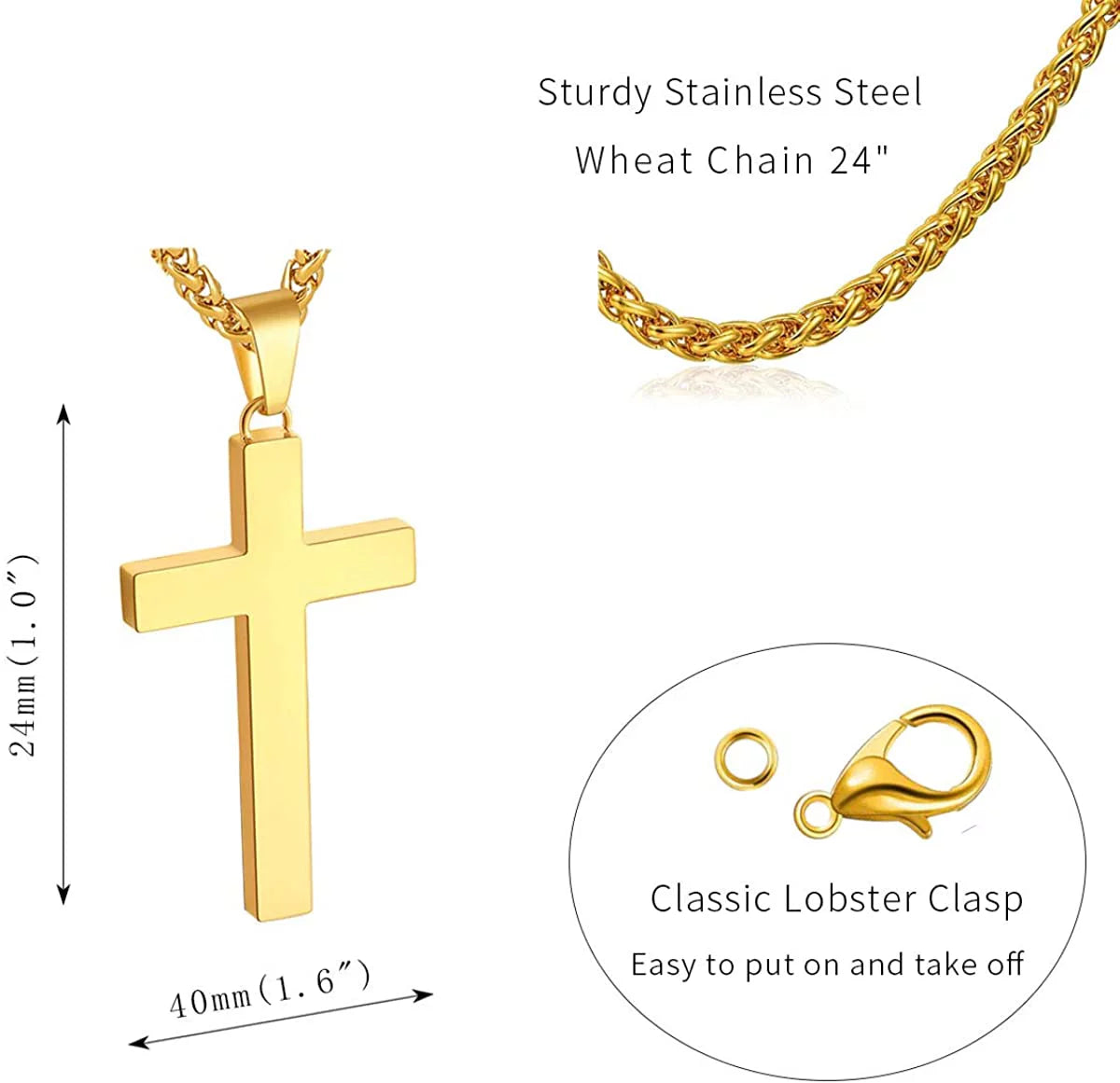 Cross Necklace for Men Boys Kid Son Male Dad Husband Boyfriend Stainless Steel Cross Pendant Chain Stuff Accessories,Catholic Christian Religious Jewelry Gifts for Him Men Boys Gold 24 Inch