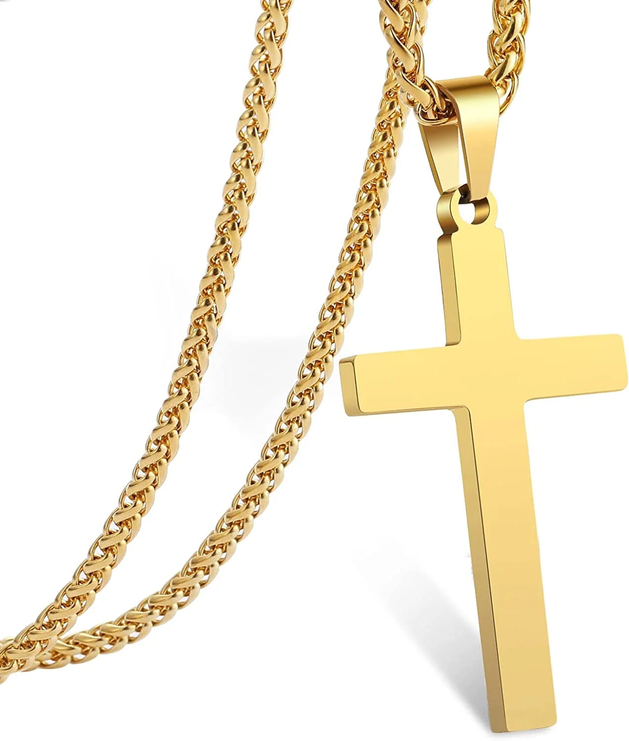 Cross Necklace for Men Boys Kid Son Male Dad Husband Boyfriend Stainless Steel Cross Pendant Chain Stuff Accessories,Catholic Christian Religious Jewelry Gifts for Him Men Boys Gold 24 Inch