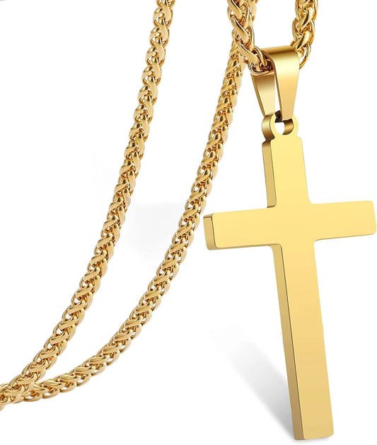 Cross Necklace for Men Boys Kid Son Male Dad Husband Boyfriend Stainless Steel Cross Pendant Chain Stuff Accessories,Catholic Christian Religious Jewelry Gifts for Him Men Boys Gold 24 Inch