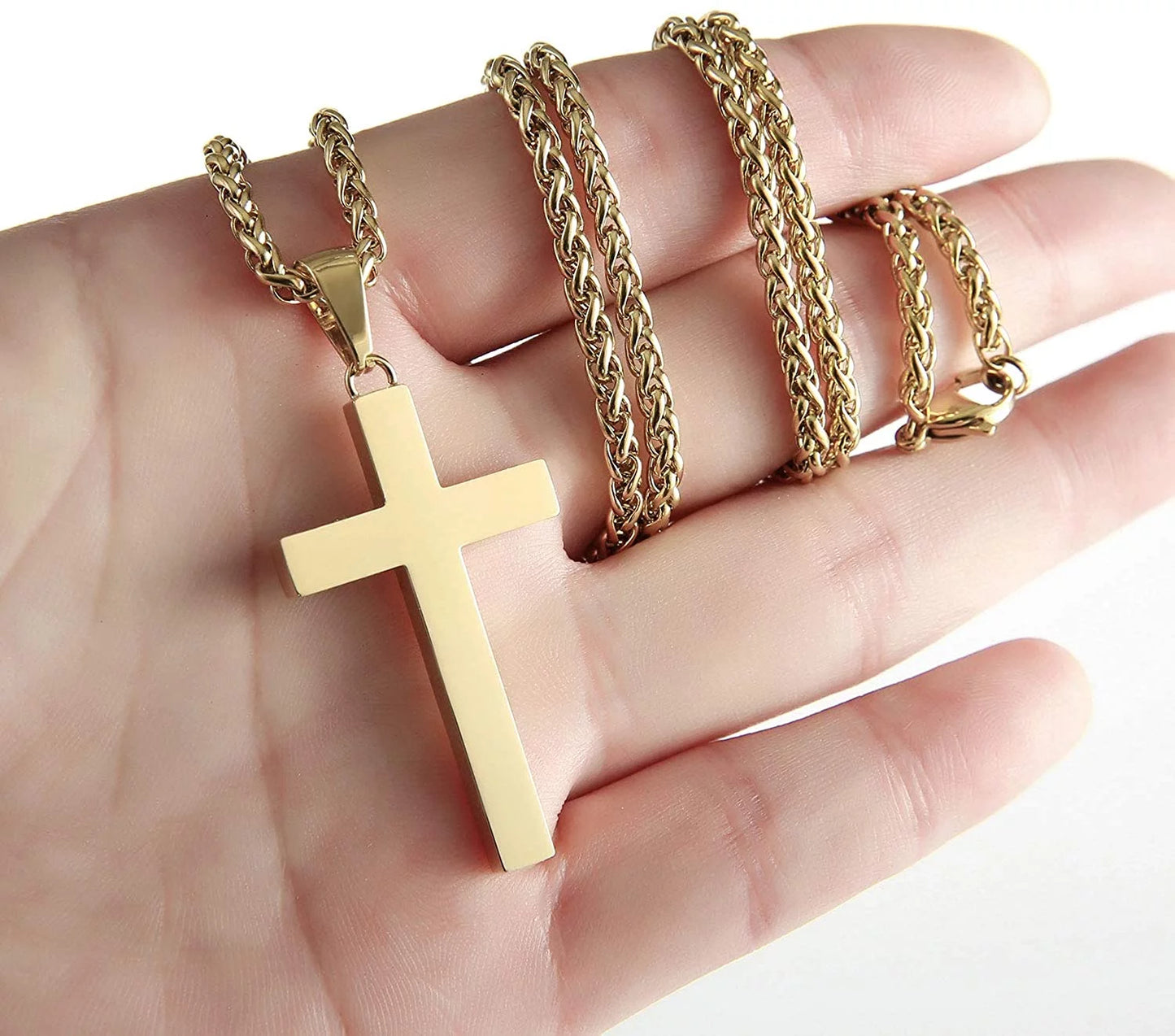 Cross Necklace for Men Boys Kid Son Male Dad Husband Boyfriend Stainless Steel Cross Pendant Chain Stuff Accessories,Catholic Christian Religious Jewelry Gifts for Him Men Boys Gold 24 Inch